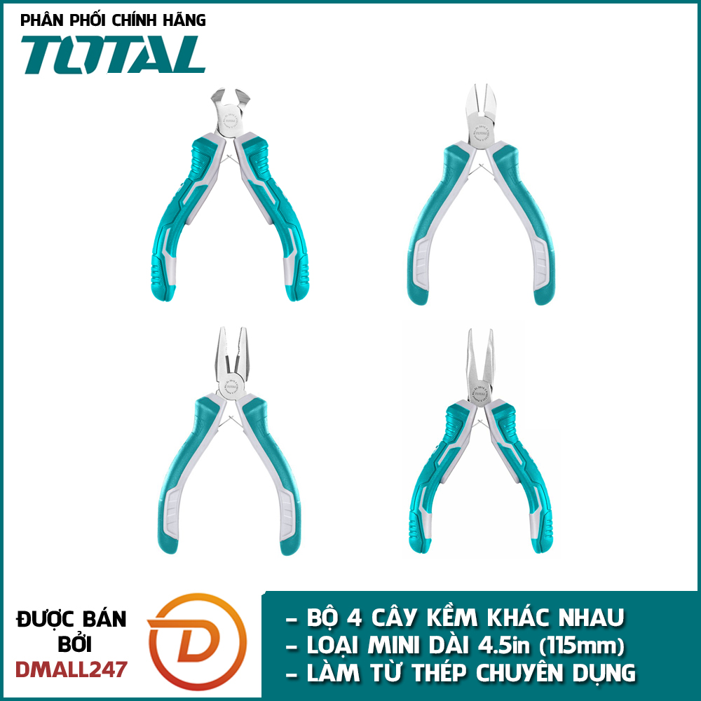 Bộ 4 kềm cắt đứt, kềm răng, kềm cắt và kềm mũi nhọn total tht1k0404 - loại mini 115mm, kìm điện, kìm cua, kìm mũi nhọn, được đánh bóng và chống gỉ sét - dmall247