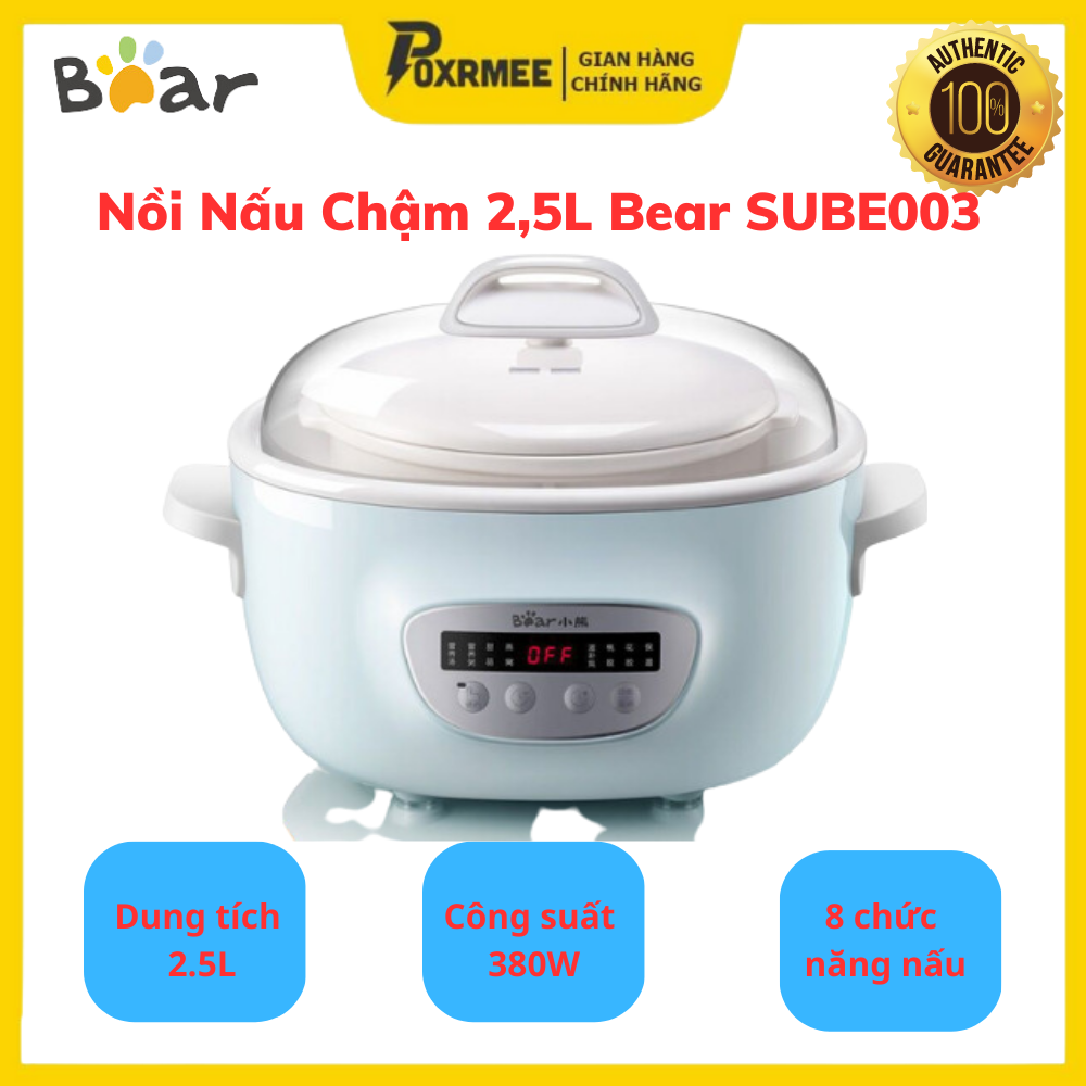 Nồi nấu chậm 2,5l bear sube003 chính hãng - nồi công suất 380w - 8 chức năng nấu - bảo hành 12 tháng