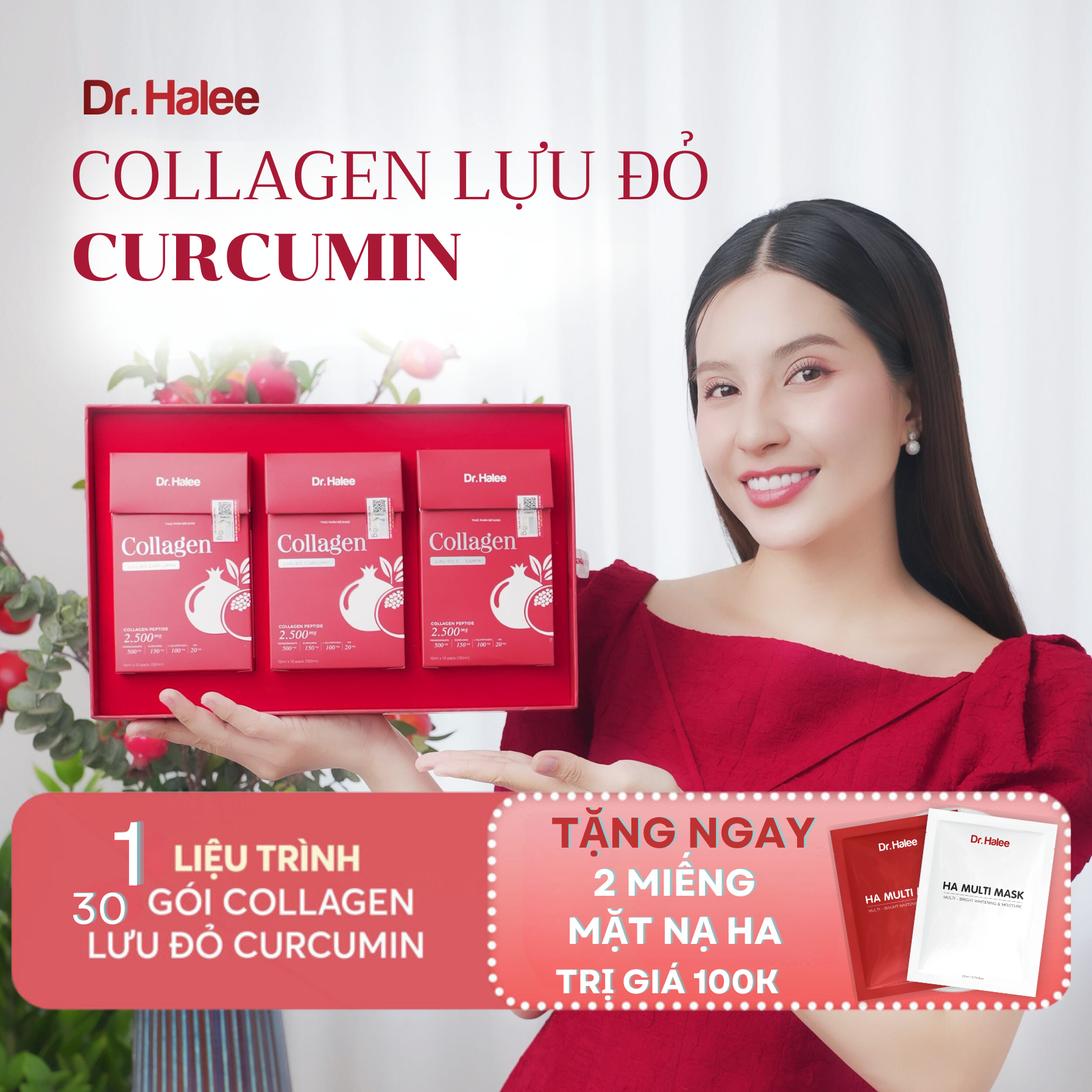 Nước Uống Collagen Lựu Đỏ Curcumin Dr Halee Hộp 30 Gói x15ml