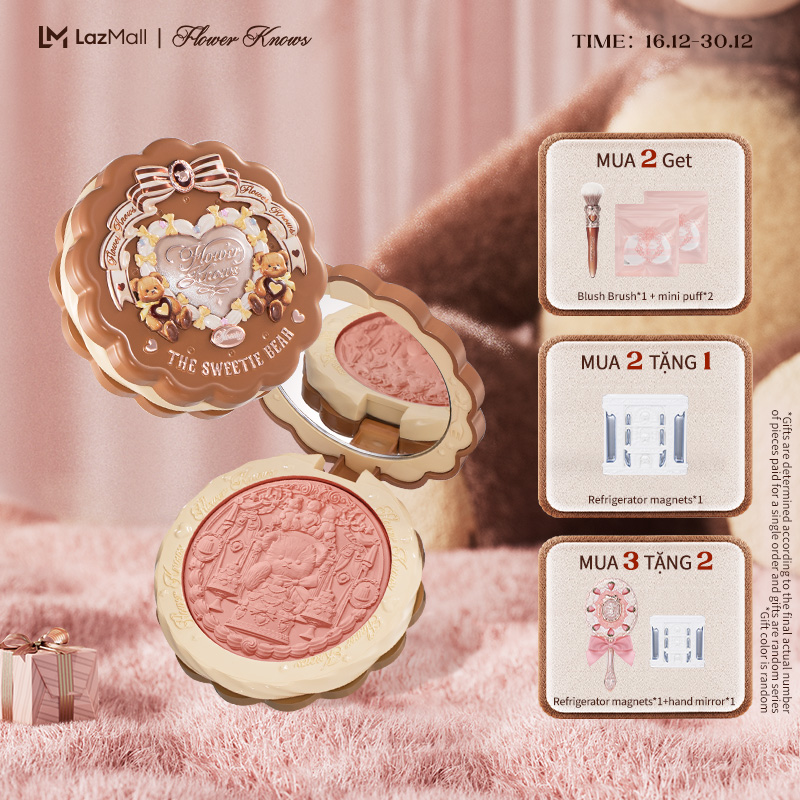   NEW Flower Knows The Sweetie Bear Collection Silk Satin Blush má hồng Kết cấu nhẹ và mượt Tươi tắn và dịu dàng Phù hợp để sử dụng hàng ngày makeup 