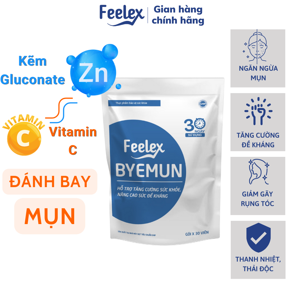 Viên uống Feelex Byemun giảm mụn viêm, ẩn, thâm, đầu đen cho da dầu mụn, bổ sung kẽm và vitamin C, gói 30 viên (30 ngày)