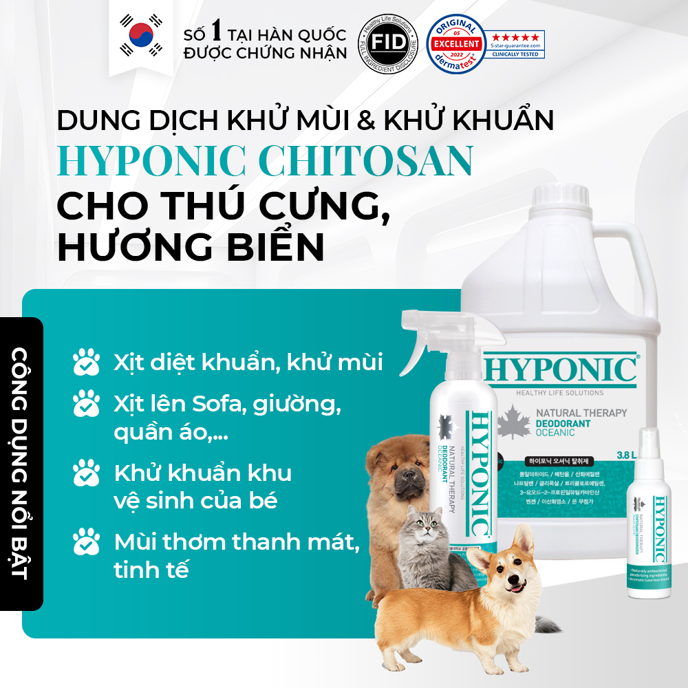 Dung dịch xịt khử mùi & khử khuẩn HYPONIC Chitosan an toàn cho thú cưng, hương biển
