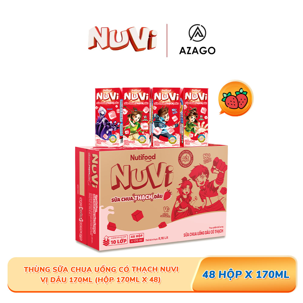  Thùng 48 Hộp NuVi Sữa Chua Uống Dâu Có Thạch Hộp 170ml - Thương Hiệu NUTIFOOD - AZAGO 