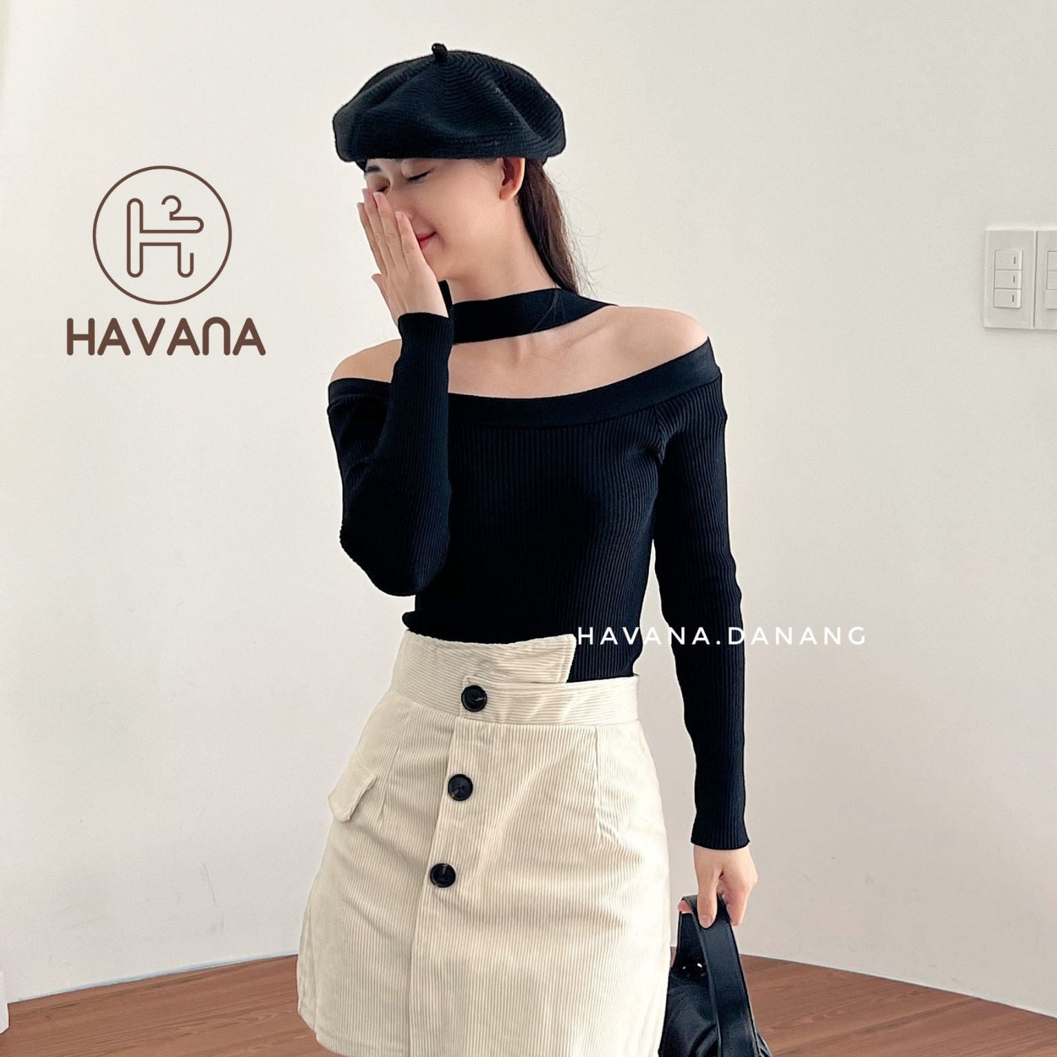Áo len trễ vai dệt kim, áo len tăm dài tay cổ kiểu choker phong cách Hàn Quốc
