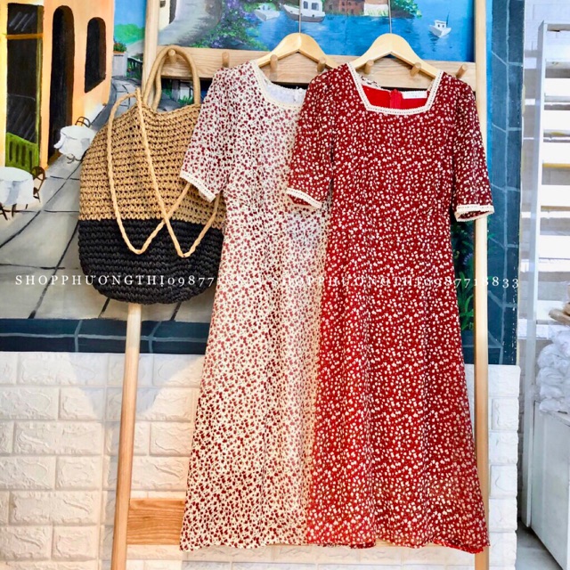 Đầm hoa nhí cổ vuông ren tay ngắn - váy vintage tiểu thư, đường may tỉ mỉ, chắc chắn, kiểu dáng thời trang, đa dạng sản phẩm, cam kết hàng như hình