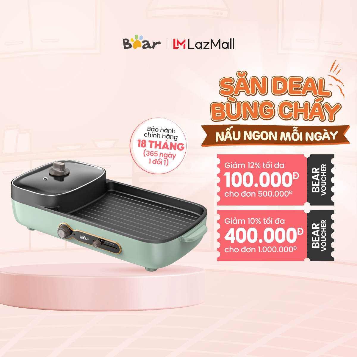 Chảo điện dùng để nấu lẩu và nướng thực phẩm hiệu Bear, model: DKL-C15G1 - Hàng Chính Hãng - Bảo Hành 18 Tháng