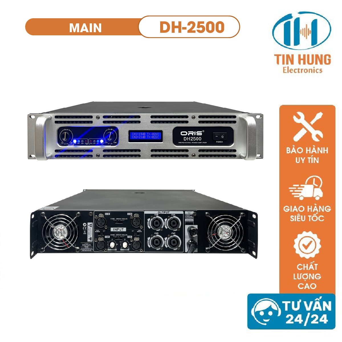 Main 2 kênh oris dh-2500 công suất 1600w/kênh, main đẩy công suất cho dàn karaoke gia đình, bh 12 tháng - oris professional