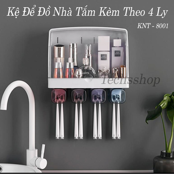 Bộ kệ nhà tắm 4 cốc đa năng có nắp đậy 8001 - Kệ nhà vệ sinh để kem đánh răng dầu gội đầu - Kệ dán tường siêu dính - Kệ để đồ dùng nhà tắm - Khay để đồ - Bộ treo bàn chải - Kệ để mỹ phẩm sữa tắm có móc máng bông