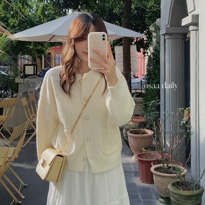 Áo khoác cardigan len trơn cúc ngọc tiểu thư