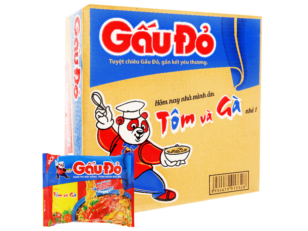 Thùng 30 gói mì gấu đỏ tôm và gà 63g.
