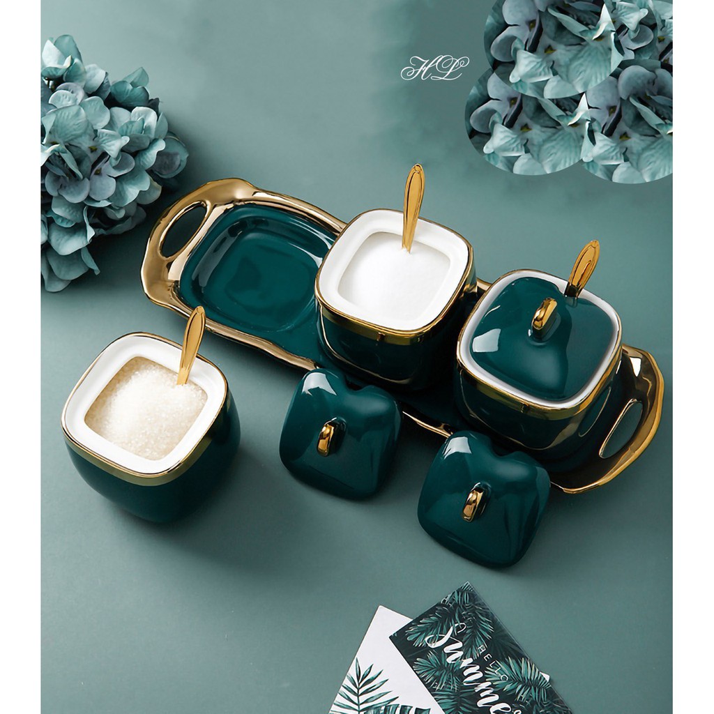 Bộ 3 Hũ Sứ Đựng Gia Vị Màu Xanh Vuông Làm cho căn bếp của bạn sang trọng và cao cấp
