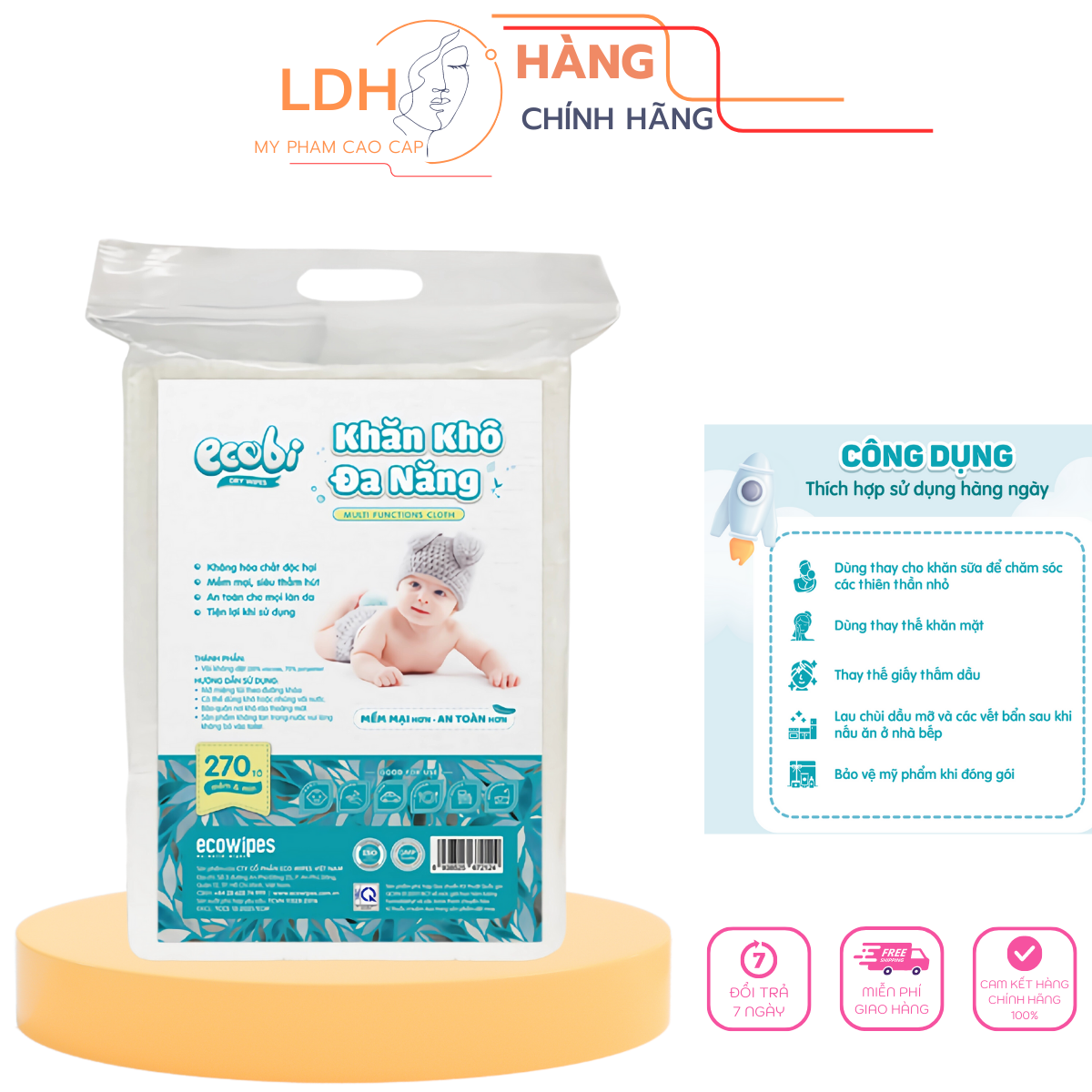 túi khăn khô đa năng cho bé Ecobi túi 270 tờ dùng thay khăn sữa an toàn