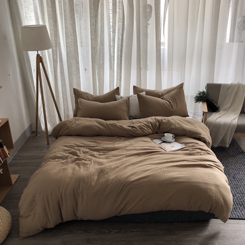 Bộ chăn ga gối cotton đũi 1 màu houston , sét 4 món gồm 1 vỏ chăn, 2 áo gối và 1 drap - Nâu