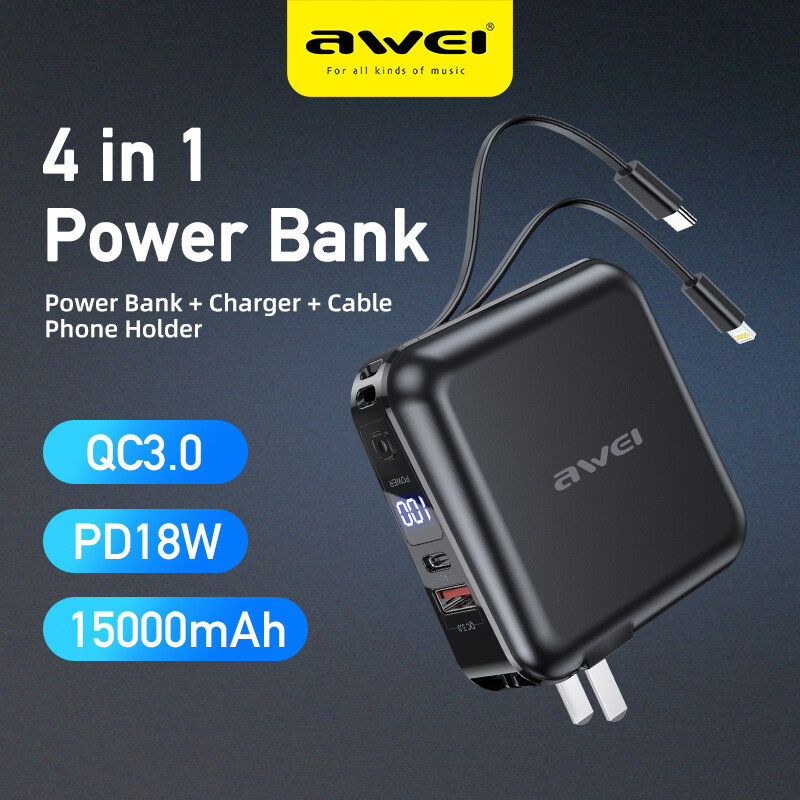 Awei P48K Power Bank 15000mAh 18W QC3.0 Sạc nhanh Giá đỡ điện thoại đa năng 4 trong 1 Màn hình LED Pin ngoài Tích hợp 2 cáp Lightning Type C