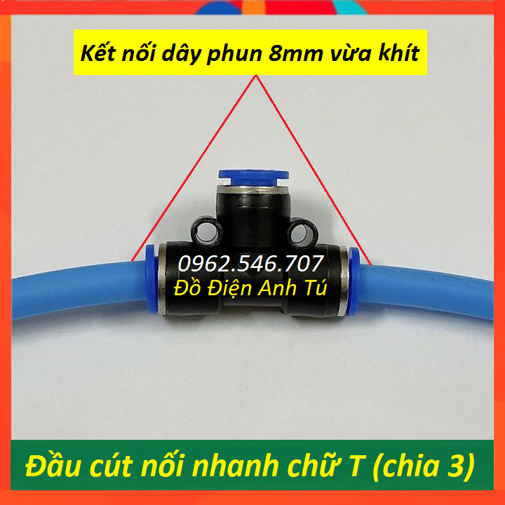 Đầu cút nối nhanh chữ T (chia 3) cho ống 8mm chia đường khí, đường nước thành 3 ngả tiện dụng
