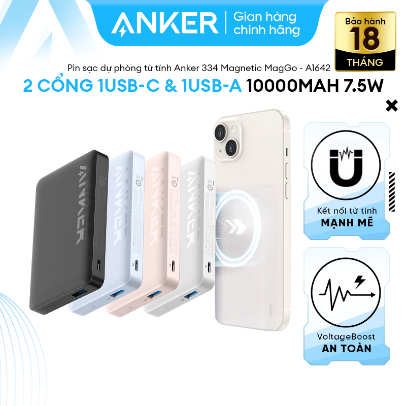 Pin Sạc Dự Phòng Từ Tính ANKER 334 Magnetic MagGo 10000mAh 7.5W - 2 cổng 1USB-C & 1USB-A - A1642