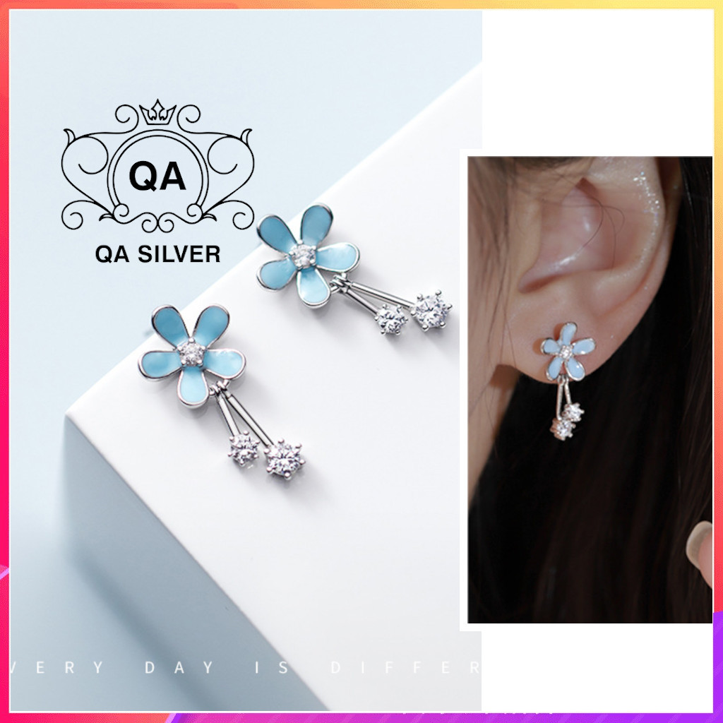 Khuyên tai bạc 925 tròn mặt hoa xanh năm cánh đính đá bông nữ dài S925 BLUE QA SILVER Earrings EA231205