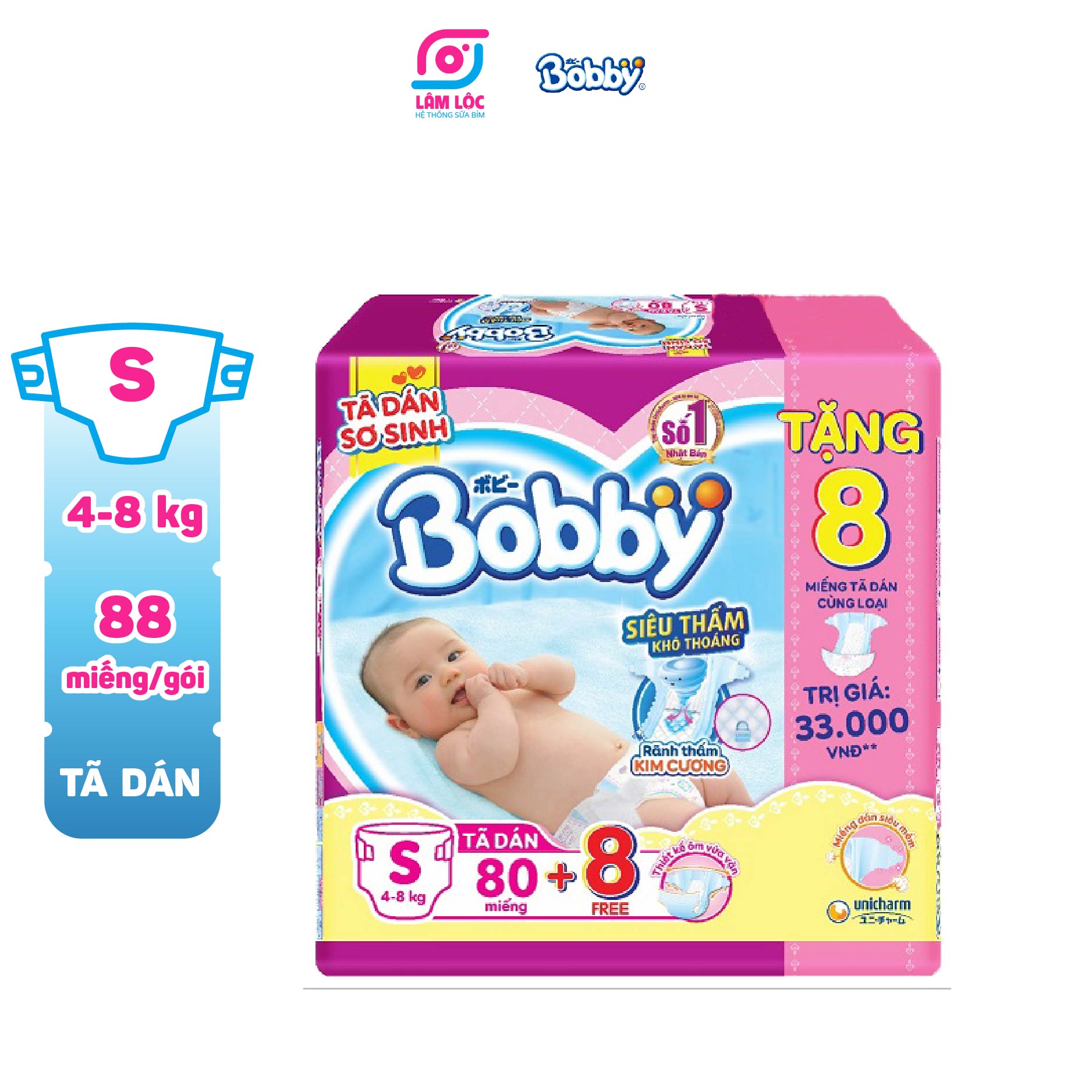 Bỉm dán Bobby, tã dán Bobby size S88 miếng dành cho bé từ 5-8 kg  ( hỗ trợ phí ship, đánh giá 5 sao để nhận voucher 5k )