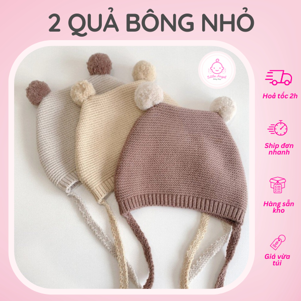Nón len 2 quả bông cao cấp siêu đáng yêu có dây buộc cho bé