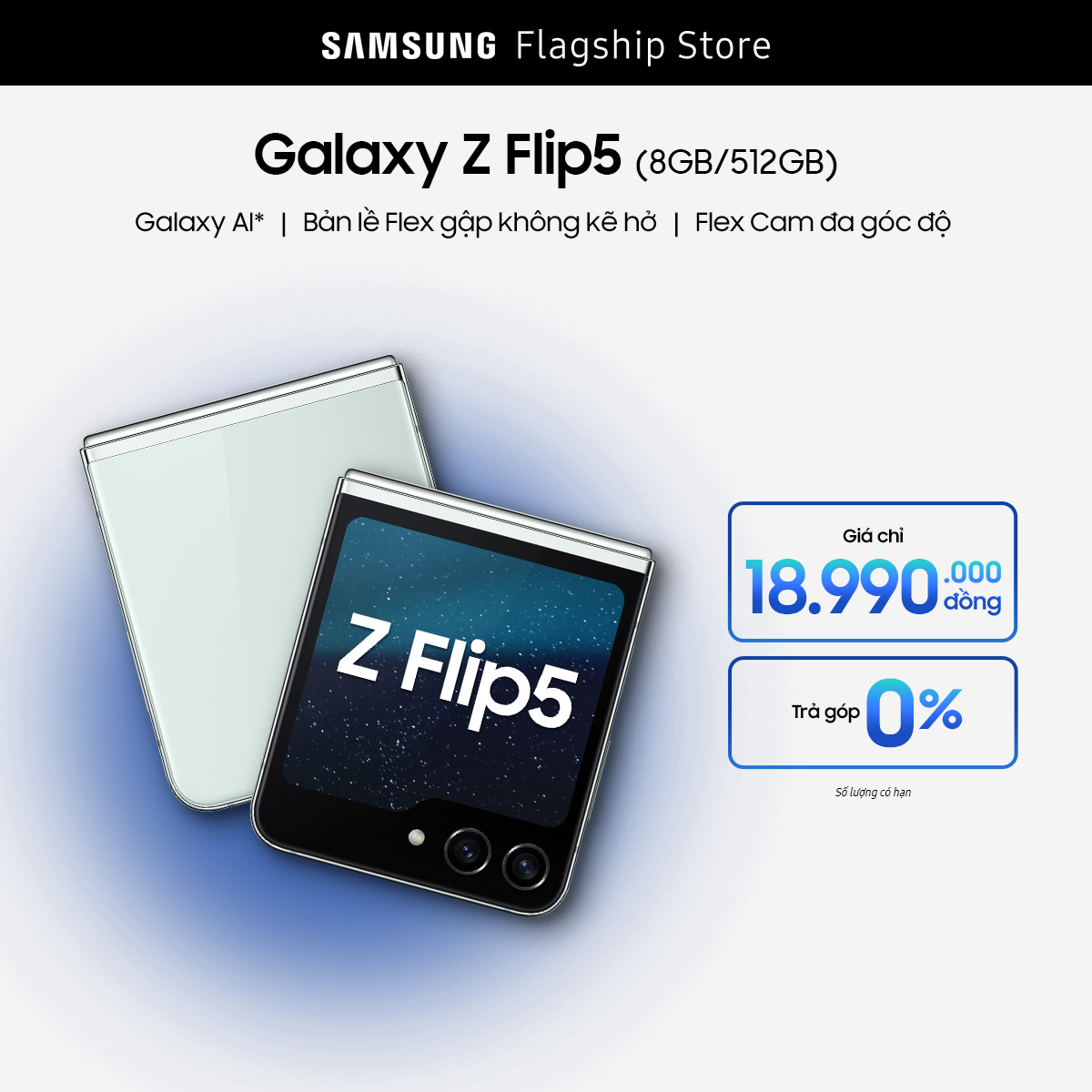 [MEGA SALE TỪ 20H 09.10] Điện thoại Samsung Galaxy Z Flip5 5G, Điện thoại AI, Bản lề Flex gập không kẽ hở, Flex cam đa góc độ