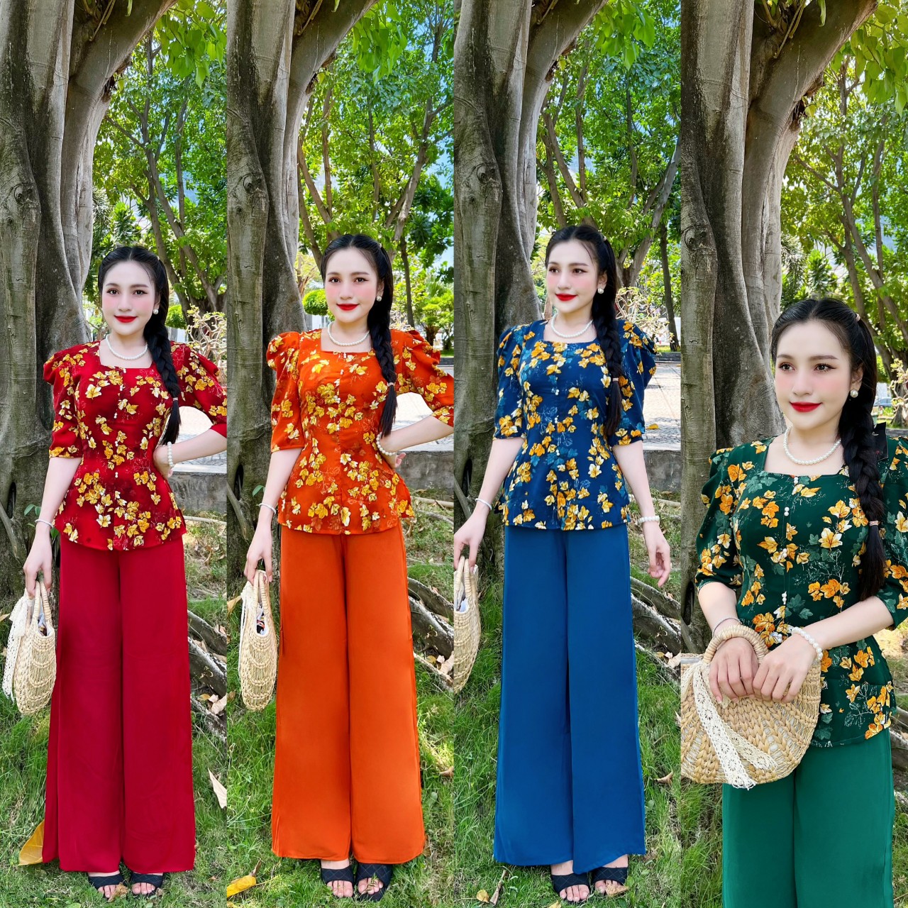 Sét bà ba hoa lá cổ vuông tay lỡ duyên dáng