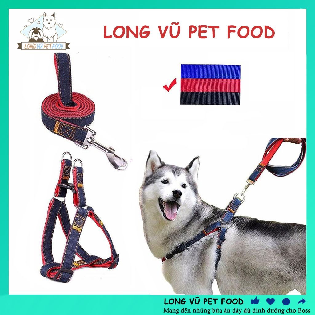 Dây dắt chó, dây dắt mèo thú cưng kèm đai yếm vải JEAN 2 LỚP - Dây dắt chó mèo đi dạo siêu chắc chắn - Long Vũ Pet Food