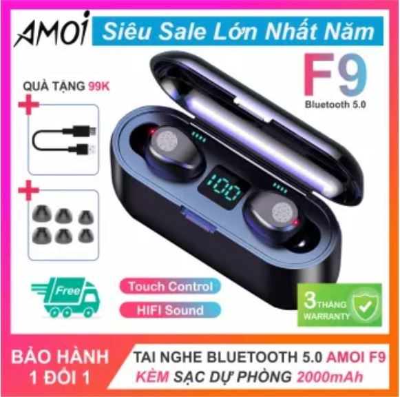 Tai nghe bluetooth 5.0 Amoi F9 kiêm sạc dự phòng 2000mAh, tai nghe không dây điều khiển cảm ứng, màn led báo pin, chống nước, tai nghe bluetooth amoi f9, tai nghe không dây, tai nghe bluetooth không dây, hay hơn tai nghe i11