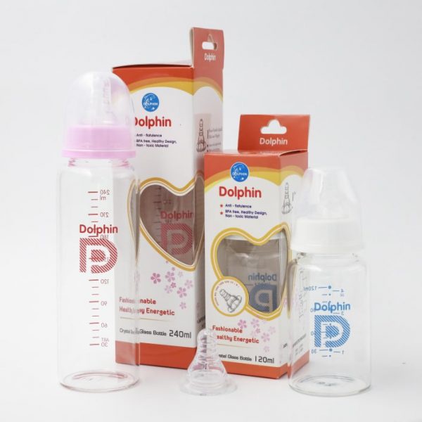 Bình sữa thủy tinh cổ hẹp 120ml Dolphin – không có tay cầm Gemma House