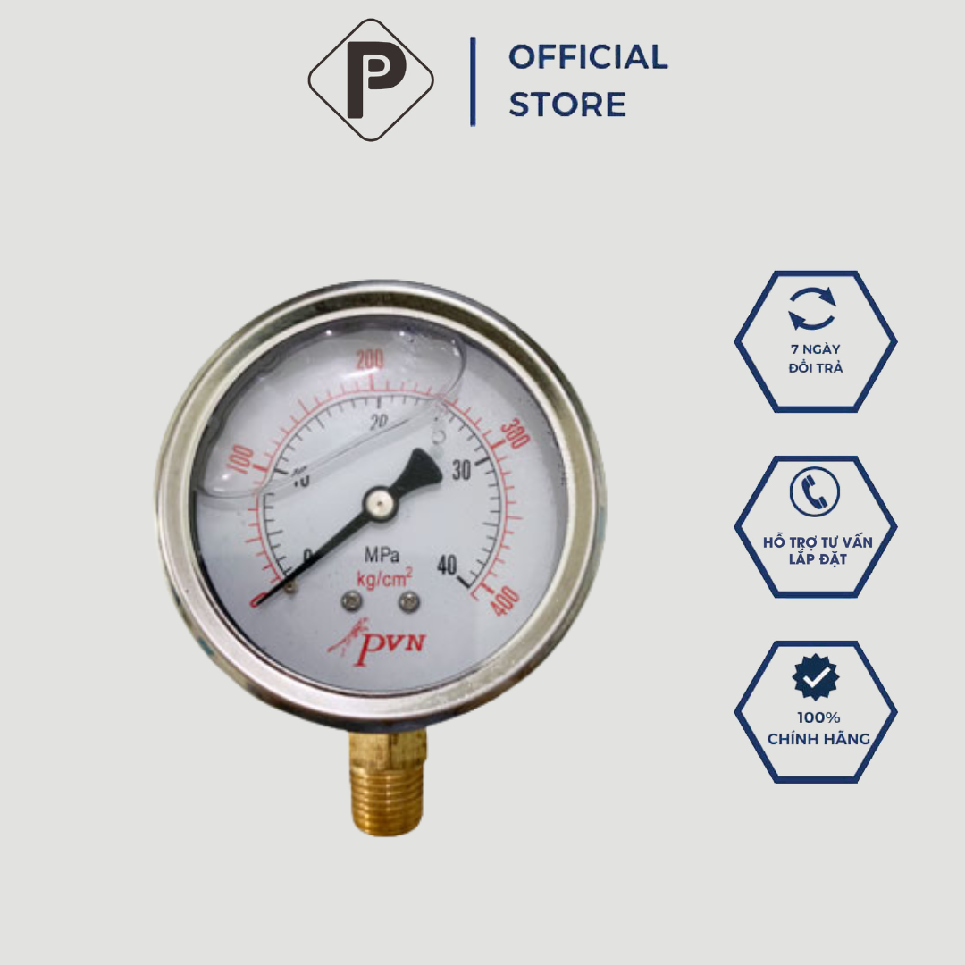 Đồng hồ đo áp xuất thủy lực phi 63mm chân đứng pvn