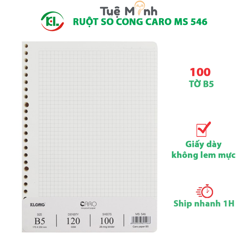 Ruột Sổ Còng Klong Caro B5 100 Tờ Giấy Refill Sổ Binder vppTueMinh, ô vuông 5/7mm Klong