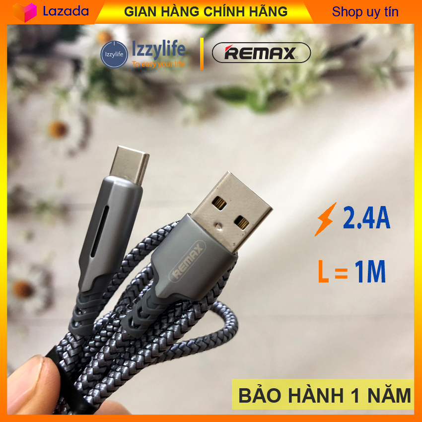Dây sạc Type C chính hãng tự ngắt Remax dây sạc Type C tự ngắt RC-123a sạc nhanh 2.4A tự dừng khi đầy dây đan vải dù chống kéo chống gẫy chống rối
