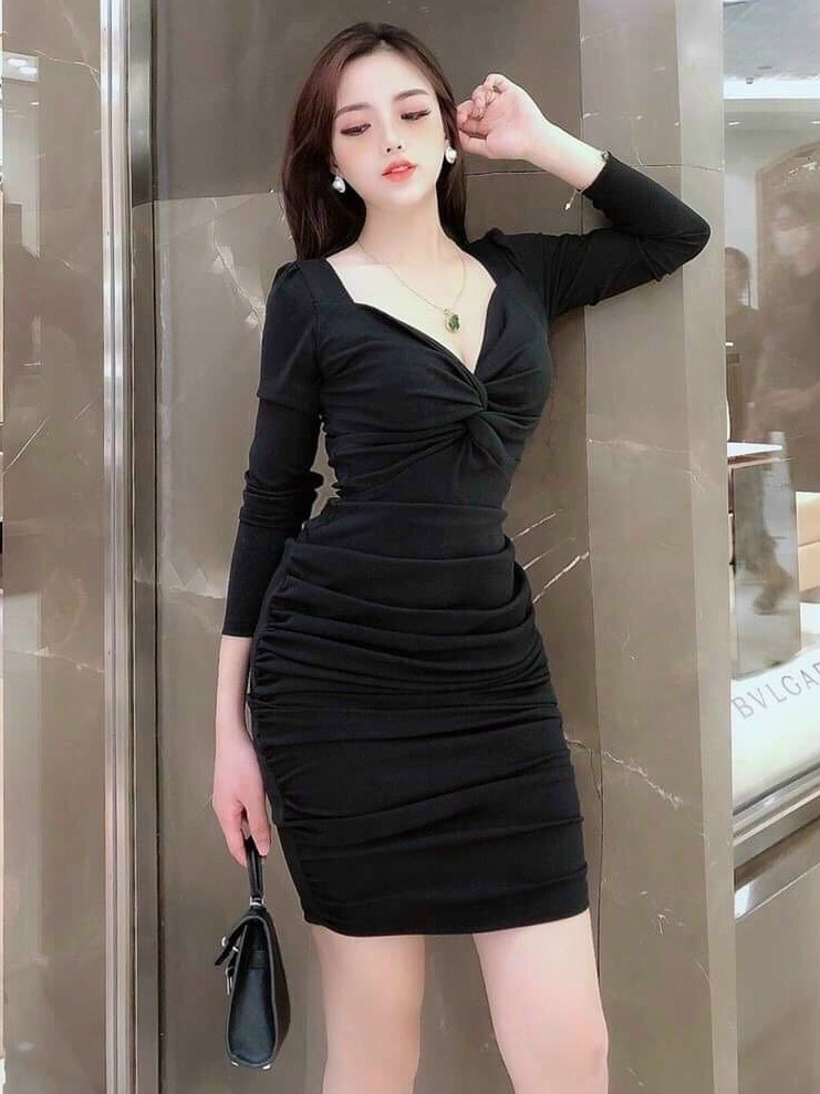 Đầm Ôm Body Xoắn Ngực Xếp Ly Tay Dài,Màu Sắc Nhã Nhặn Thật Sự Phù Hợp Để Tới Công Sở, Đi Làm Hoặc Đi Chơi