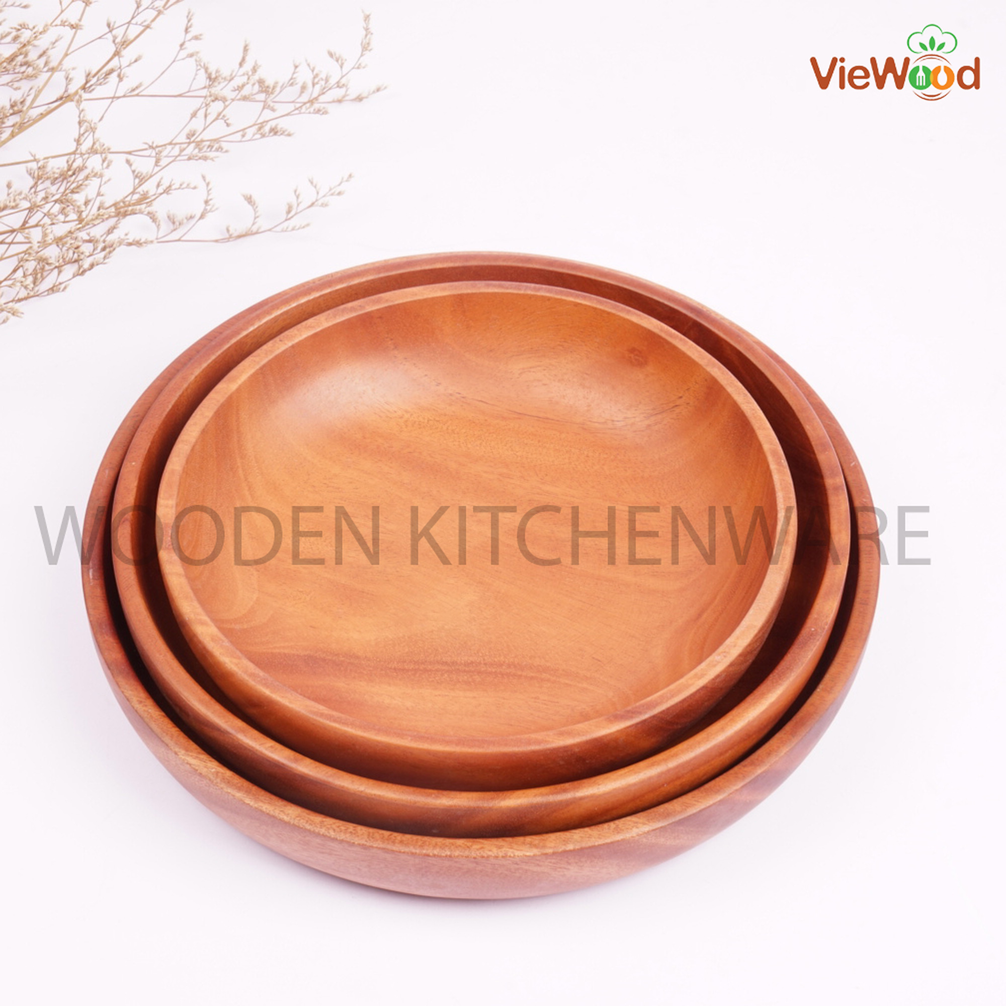 Combo đĩa tròn cao 4cm bằng gỗ thương hiệu cao cấp Viewood - sản phẩm make in Việt Nam - 3 kích thước Nhỏ (D19cm) - Trung (D22cm) - Đại (24cm)