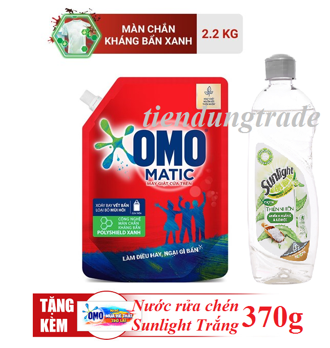 Túi Nước giặt Omo matic cửa trên 2,2kg Tặng Sunlight thiên nhiên trắng