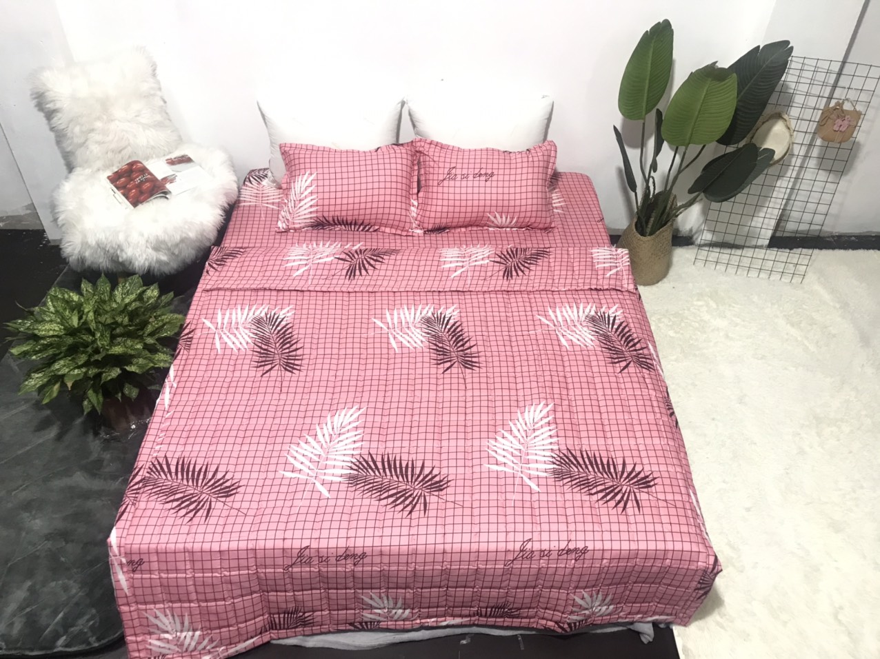 Set Ga Gối Mẫu Lá Cọ Hồng CHM3