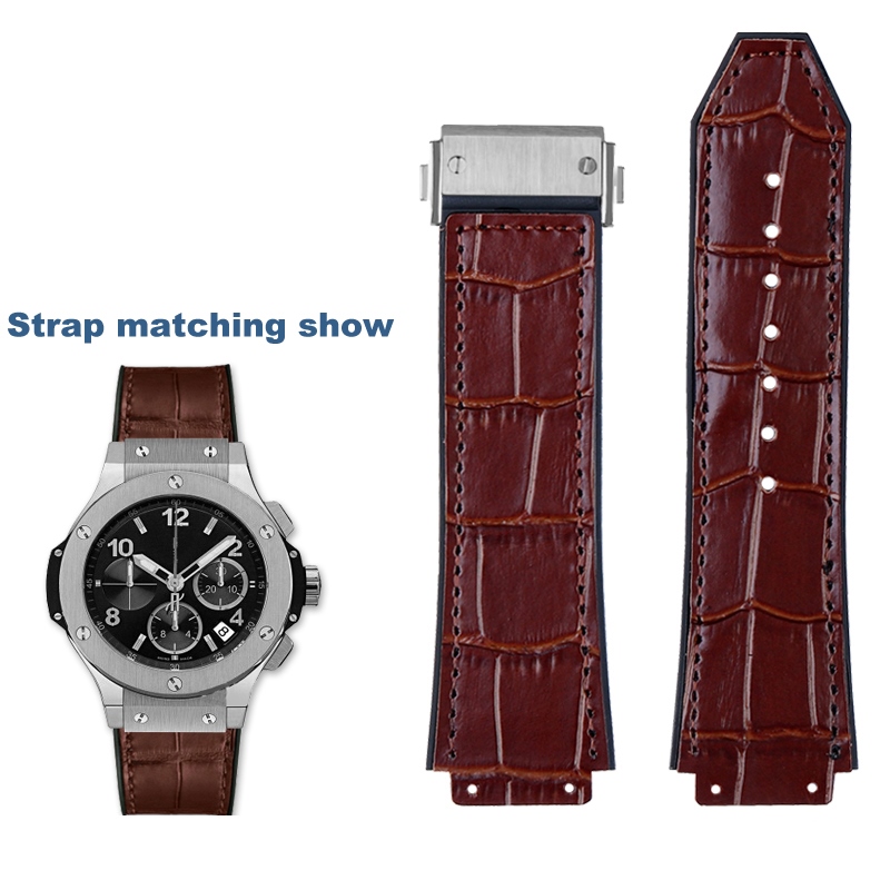 ♘ Genuine Leather Watch Band For Hublot Big Bang Series Cowhide Strap Men Wristband With Tools Accessories Black Brown 26x19mm