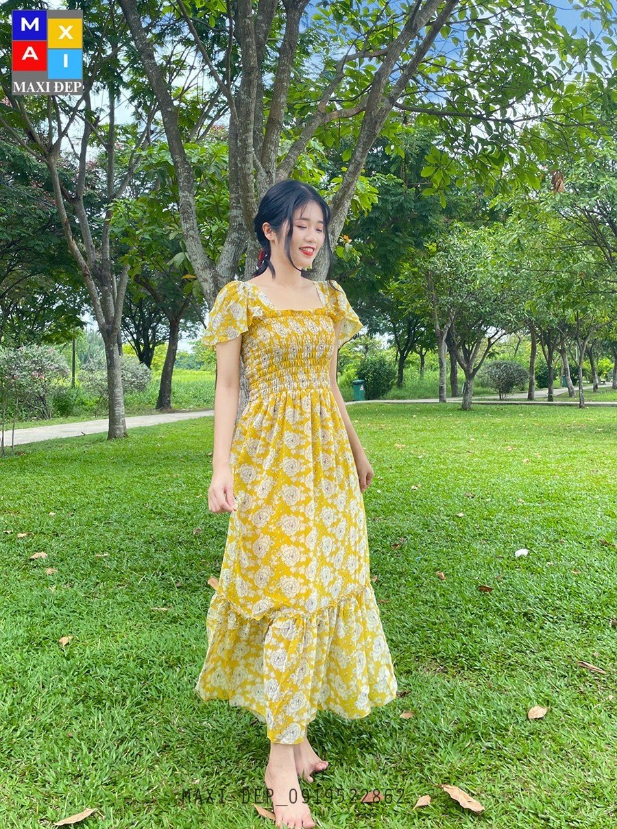 Đầm cánh tiên cao cấp maxi đẹp freesize hoa vàng nhã