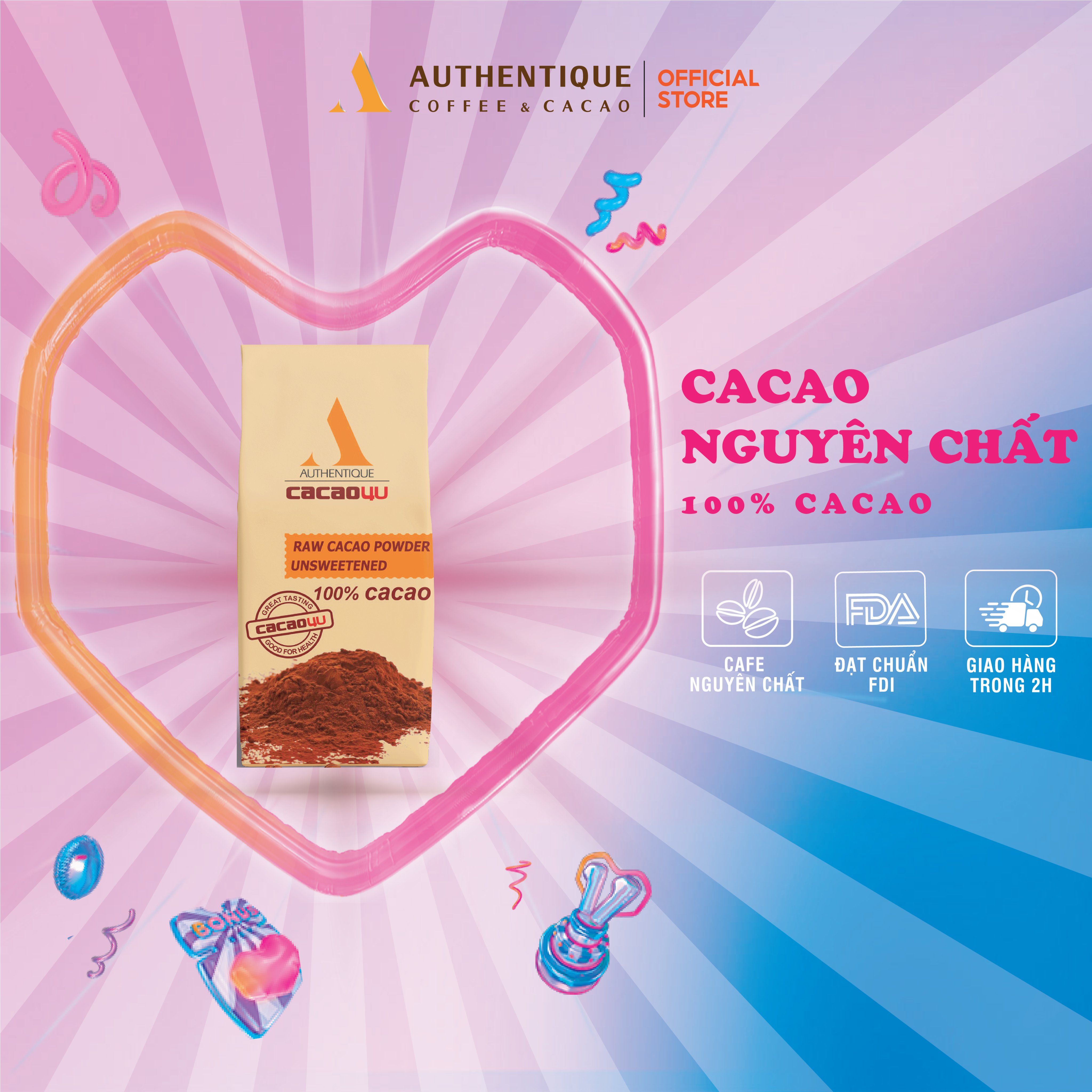 Bột Cacao Authentique Nguyên Chất 100% - Túi Kraft 220g - Tốt cho Tim