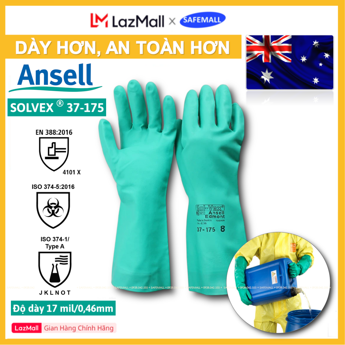 Combo 5 đôi Găng tay cao su chống hóa chất Ansell Alphatec Solvex 37