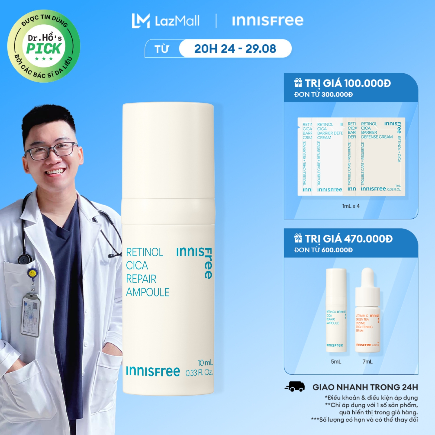 Tinh chất phục hồi da ngăn ngừa mụn INNISFREE Retinol Cica Repair Ampoule 10mL