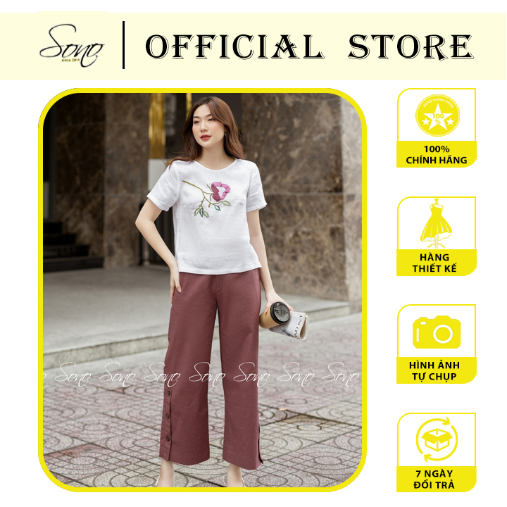 Sono - quần dài chất liệu linen đính nút gỗ ống suông trẻ trung