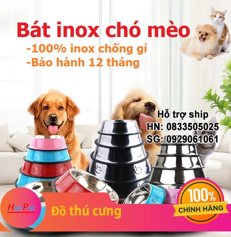 Hanpet - bát ăn cho chó mèo bát inox chống gỉ bảo hành 12 tháng