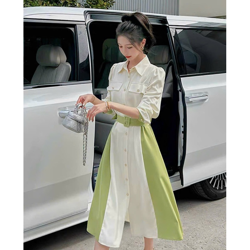 Đầm sơ mi túi hộp, phối màu ms166