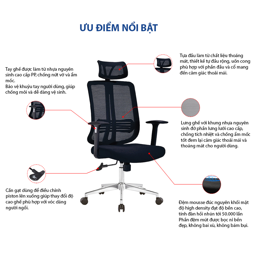 Ghế xoay văn phòng công thái học GOVI Ryan R09TD - Thiết kế tựa đầu điều chỉnh độ cao, tựa tay cố định, mâm ghế có ngả sau và khoá ngả