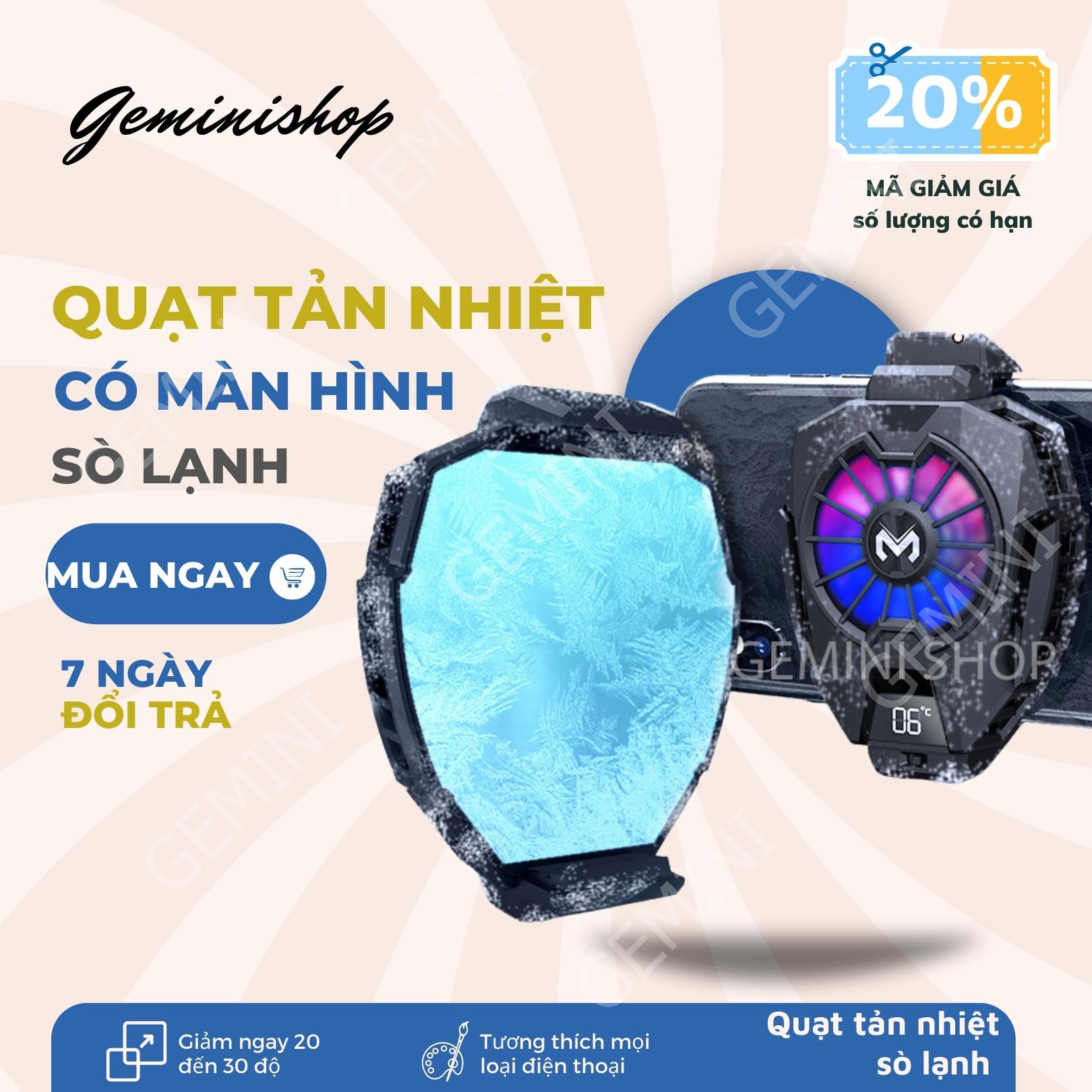 Quạt tản nhiệt MEMO DL05 thế hệ 5 cho điện thoại sò lạnh tích hợp màn hình led công tắc tắt bật GEMINI SHOP