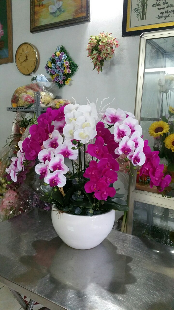 Hoa giả mô phỏng hoa lan hồ điệp bộ bàn phòng khách bộ chậu gia đình trong nhà tủ 7 cành, mỗi cành 9 bông