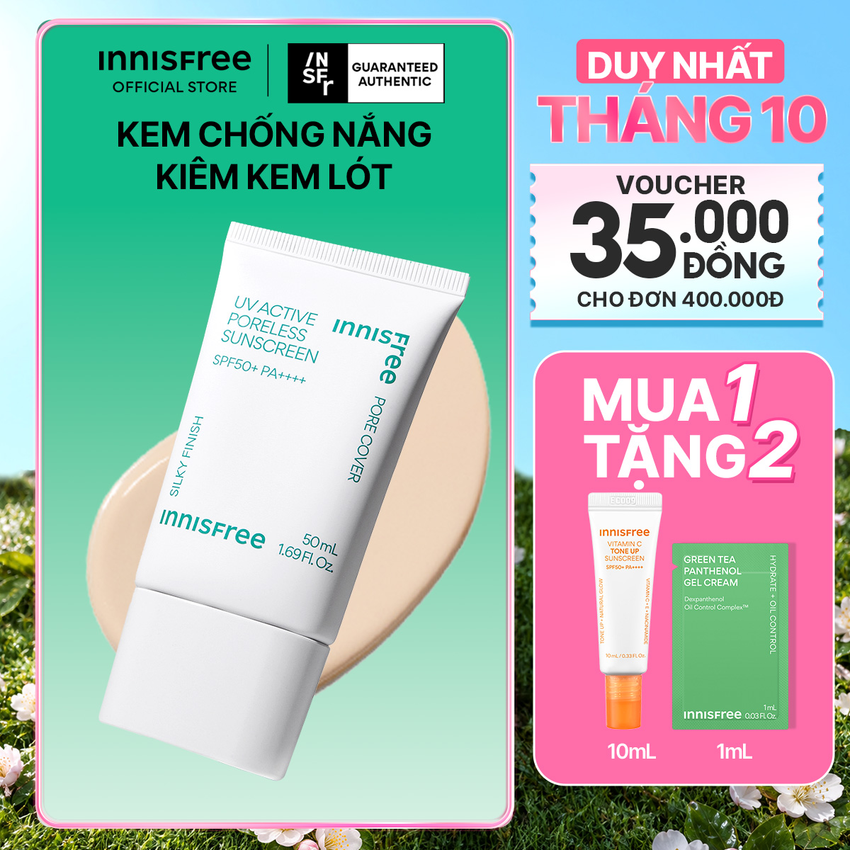 Kem chống nắng kiêm kem lót làm mịn lỗ chân lông INNISFREE UV Active Poreless Sunscreen SPF50+ PA++++ 50mL