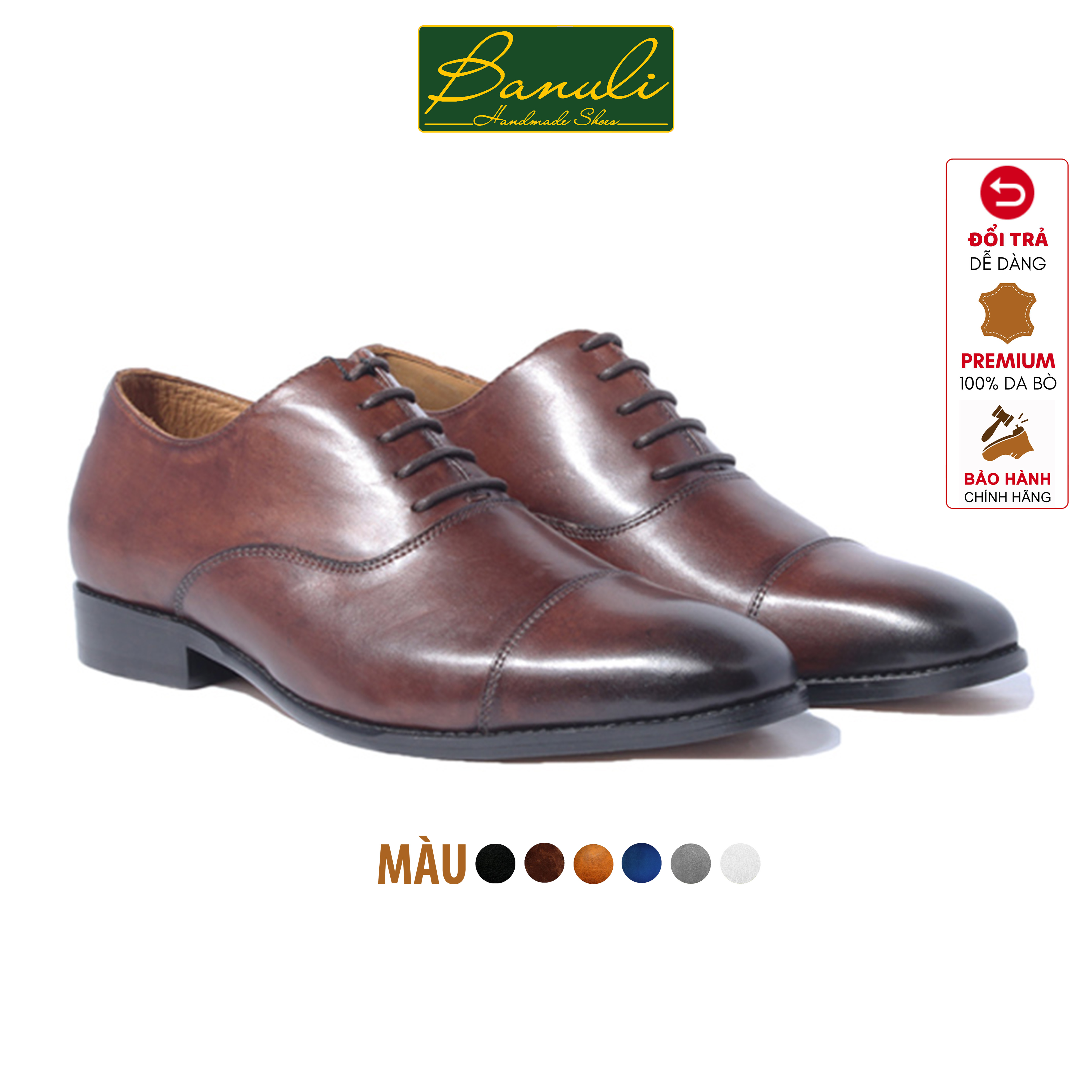Giày Tây Nam Công Sở Banuli Da Bê Italian Dây Buộc Cap Toe Oxford H1CO2 (Da Veg Itali Mềm Dẻo, Đế Siêu nhẹ, Bảo Hành Trọn Đời)