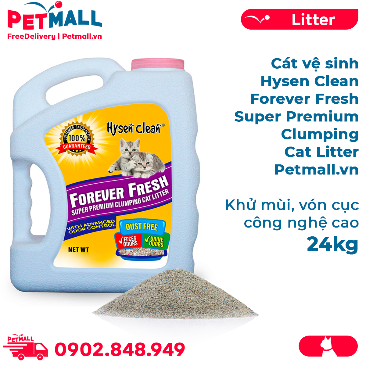Cát vệ sinh Hysen Clean Forever Fresh Super Premium Clumping Bentonite Cat Litter 24kg - Khử mùi, vón cục công nghệ cao Petmall