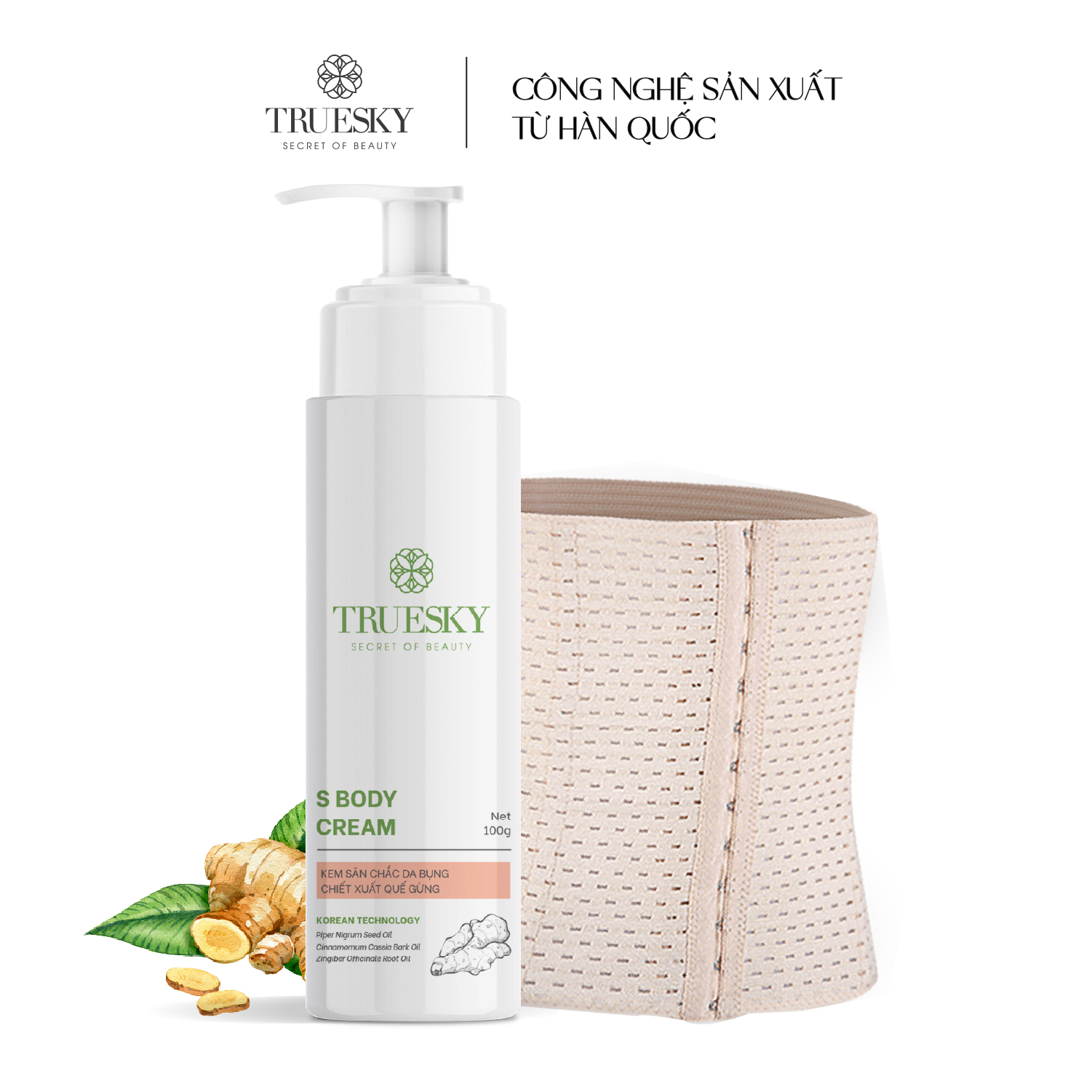 Bộ sản phẩm tan mỡ bụng cấp tốc Truesky gồm 1 kem tan mỡ bụng quế gừng 100g + 1 đại nịt bụng quấn nóng cao cấp
